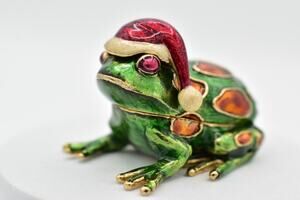 Monet Vintage Christmas Trinket Box Santa Claus Frog Enamel Holiday Gold Green